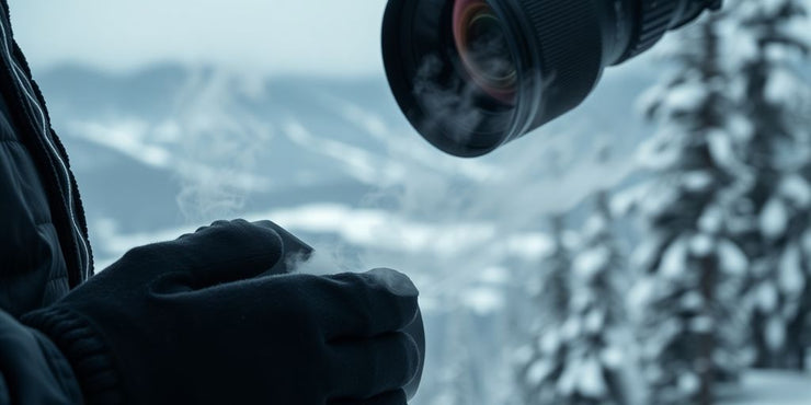 Photographer's gloved hands operating camera in snowy landscape.