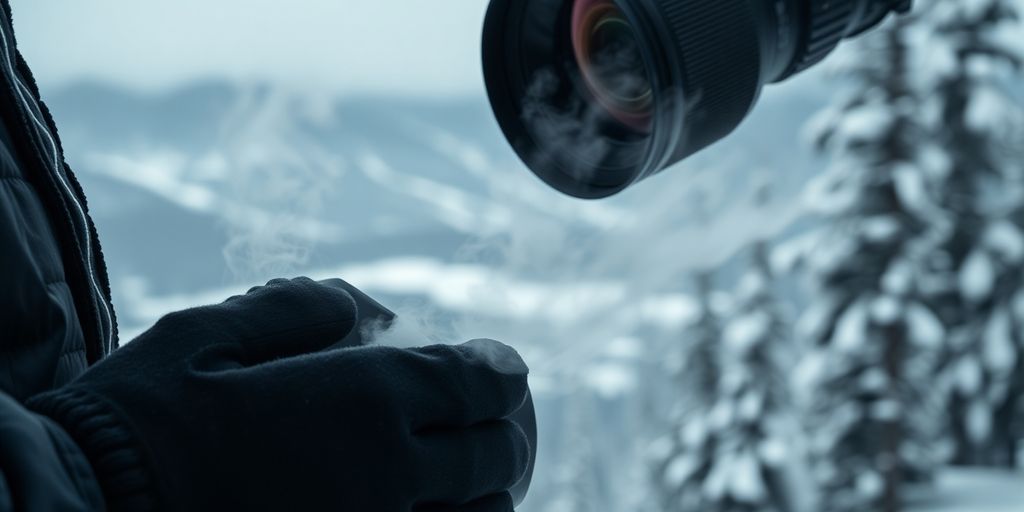 Photographer's gloved hands operating camera in snowy landscape.