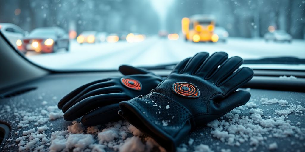 Stylish heated driving gloves on a snowy car dashboard.