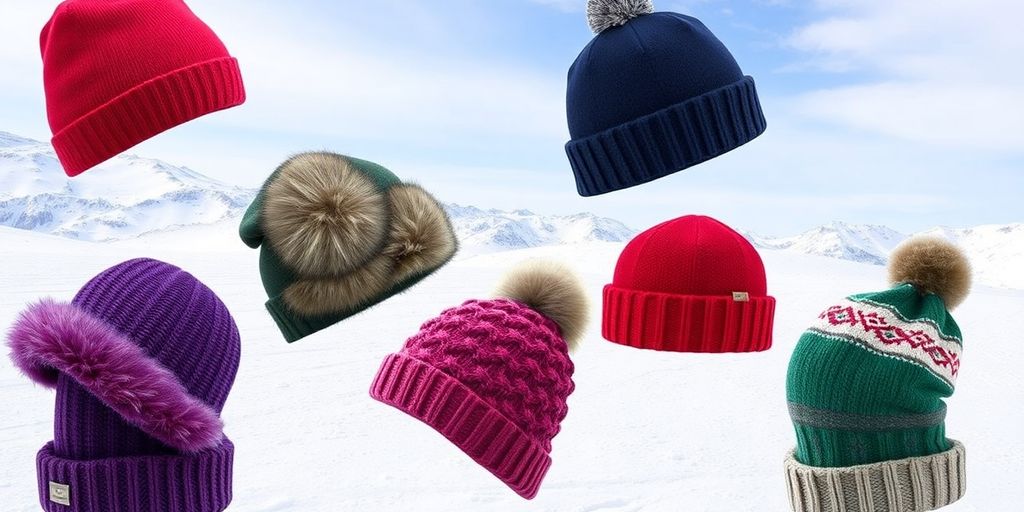 Colorful winter hats in a snowy outdoor setting.
