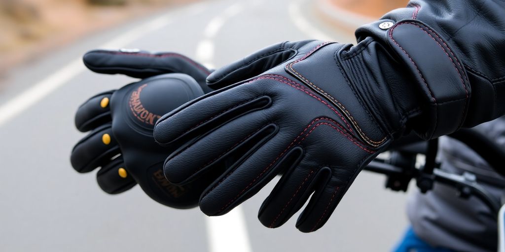 Close-up of stylish heated motorcycle gloves for women.