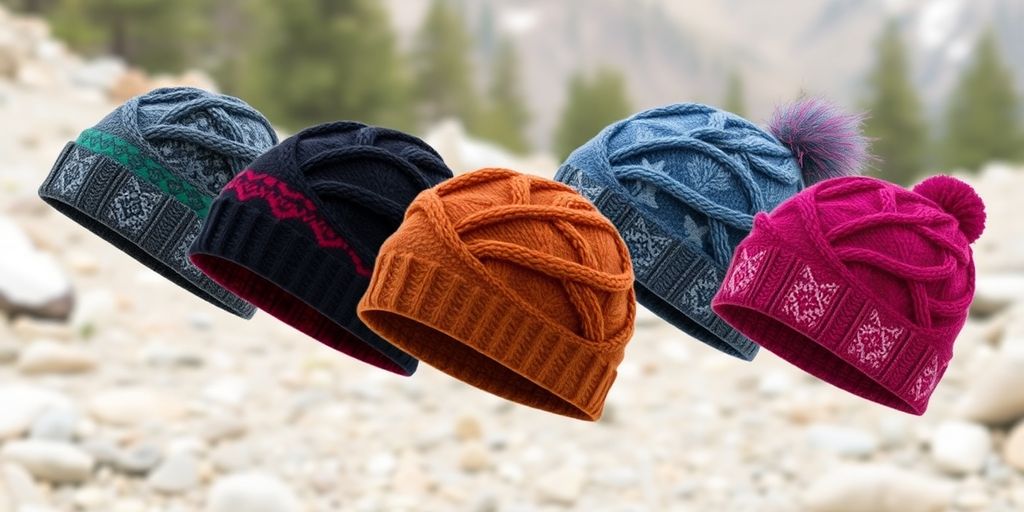 Colorful women's outdoor beanies displayed outdoors for adventure.