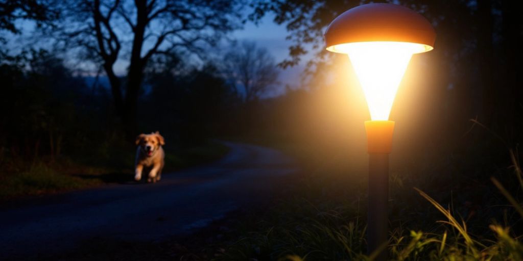 Dog walking light brightening a path at night.