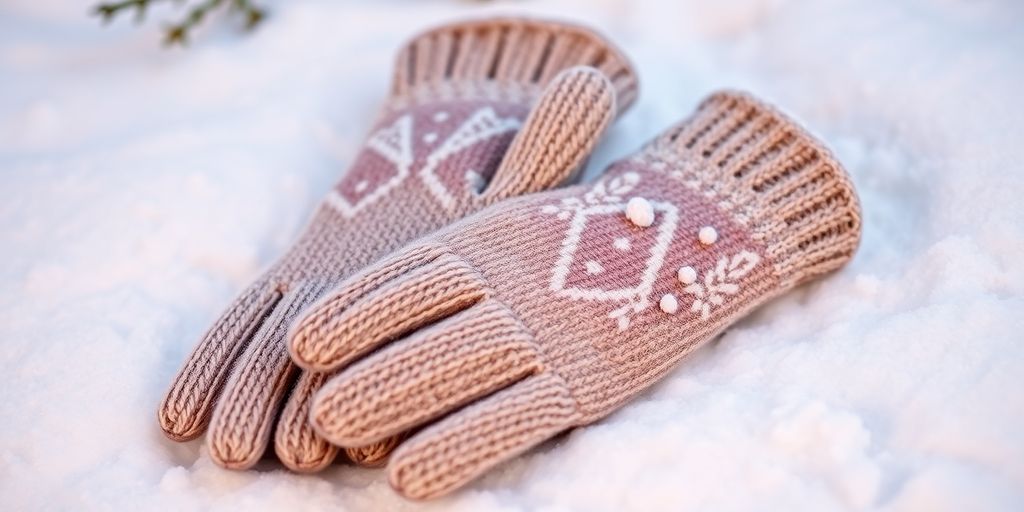 Stylish women's warming gloves on a snowy background.