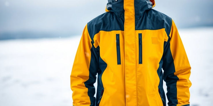 Winter rain jacket in a snowy outdoor setting.