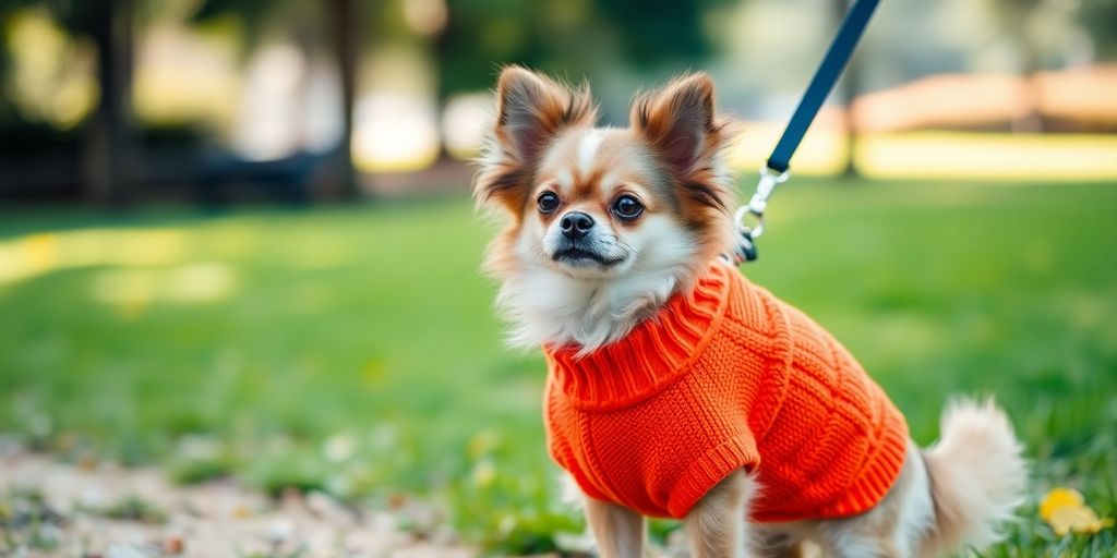 Tiny dog in stylish, colorful sweater standing on leash.