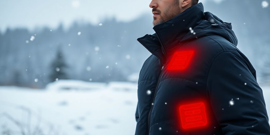 Man in heated jacket enjoying winter outdoors.