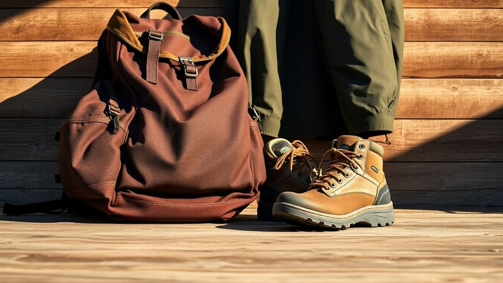 Durable outdoor work gear: backpack, boots, and jacket.