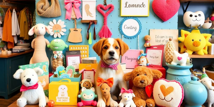 Assorted cute gifts for dog lovers on a colorful background.
