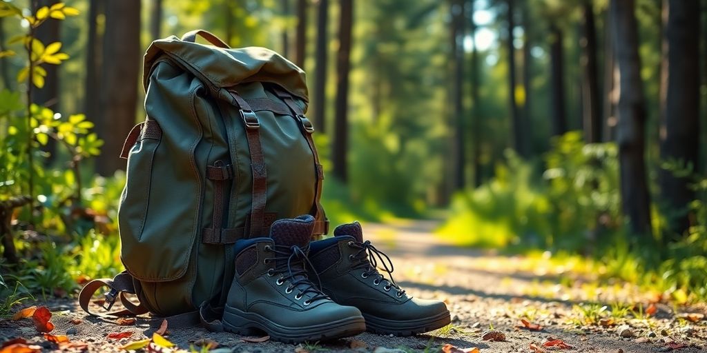 Backpack, hiking boots, and jacket on a forest path.