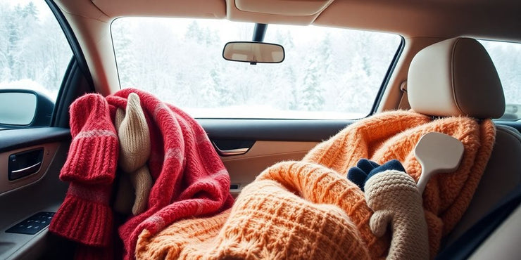 Cozy car interior with winter accessories like blankets and gloves.