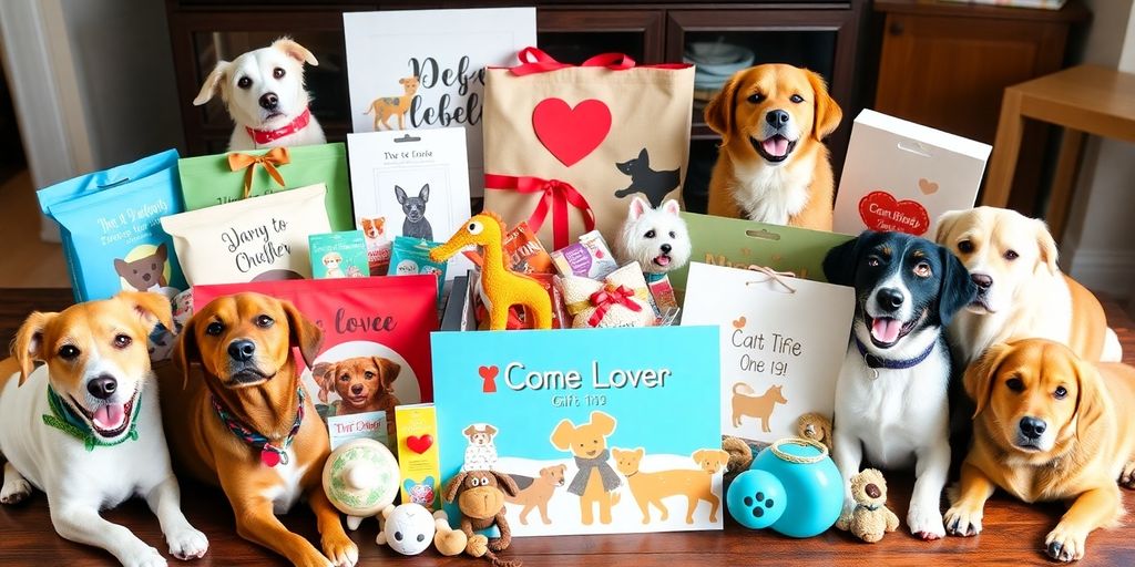 Colorful dog lover gifts with happy dogs around them.