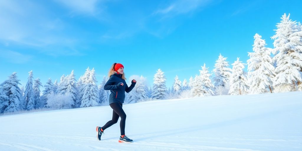 Person exercising in snow-covered landscape during winter.