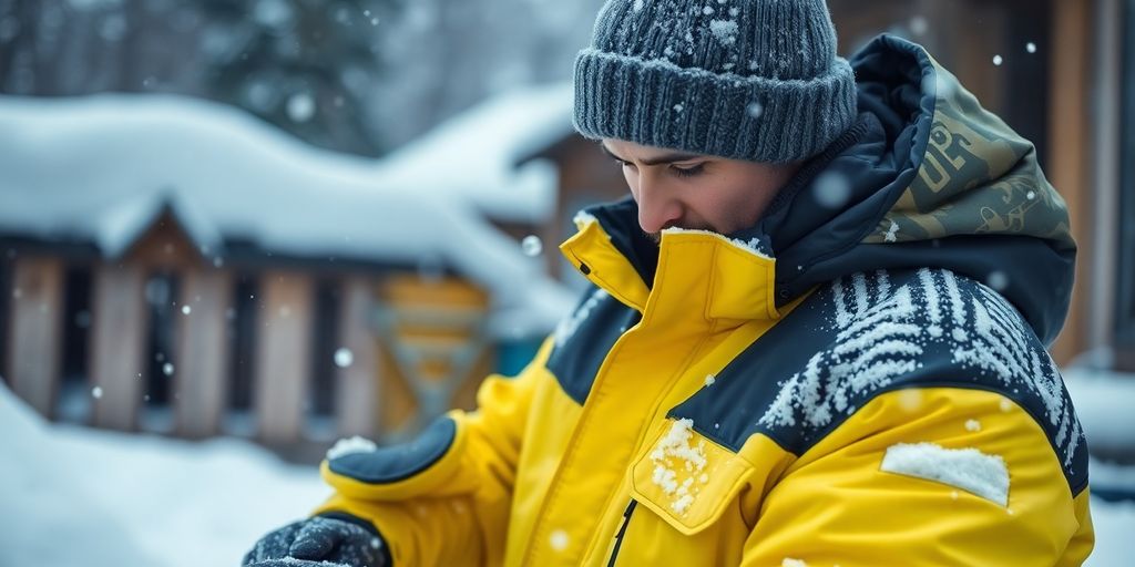 Worker in winter gear amidst a snowy landscape.