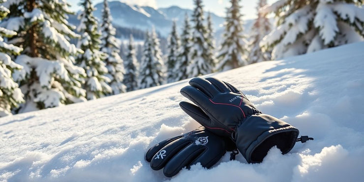Stylish women's heated ski gloves on snowy landscape.