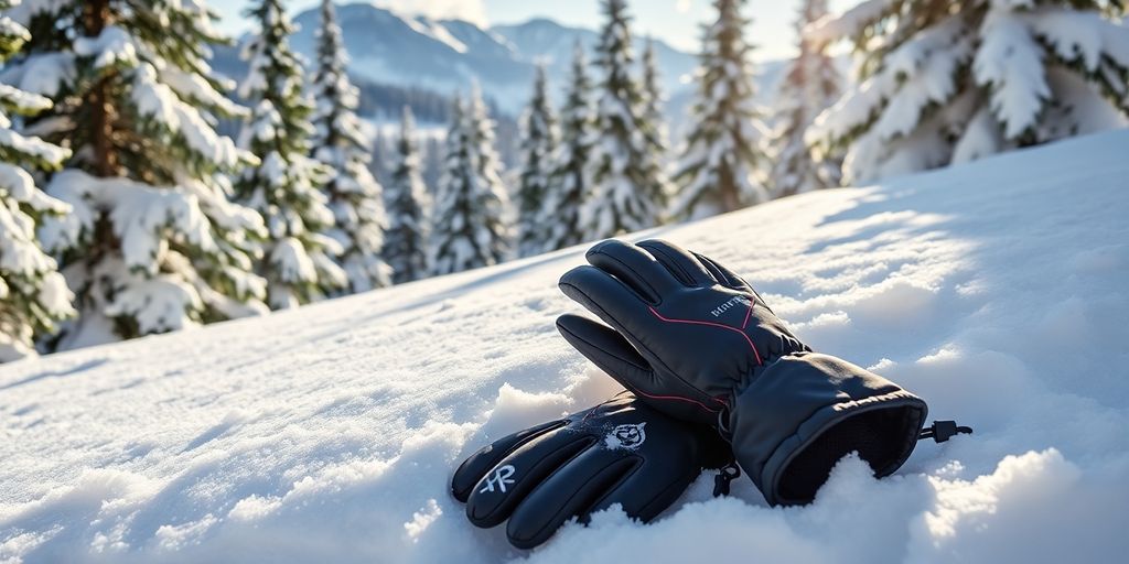 Stylish women's heated ski gloves on snowy landscape.