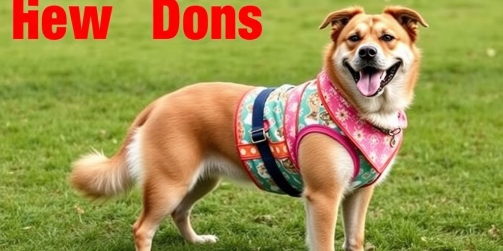 Large dog in fashionable outfit on grassy field.