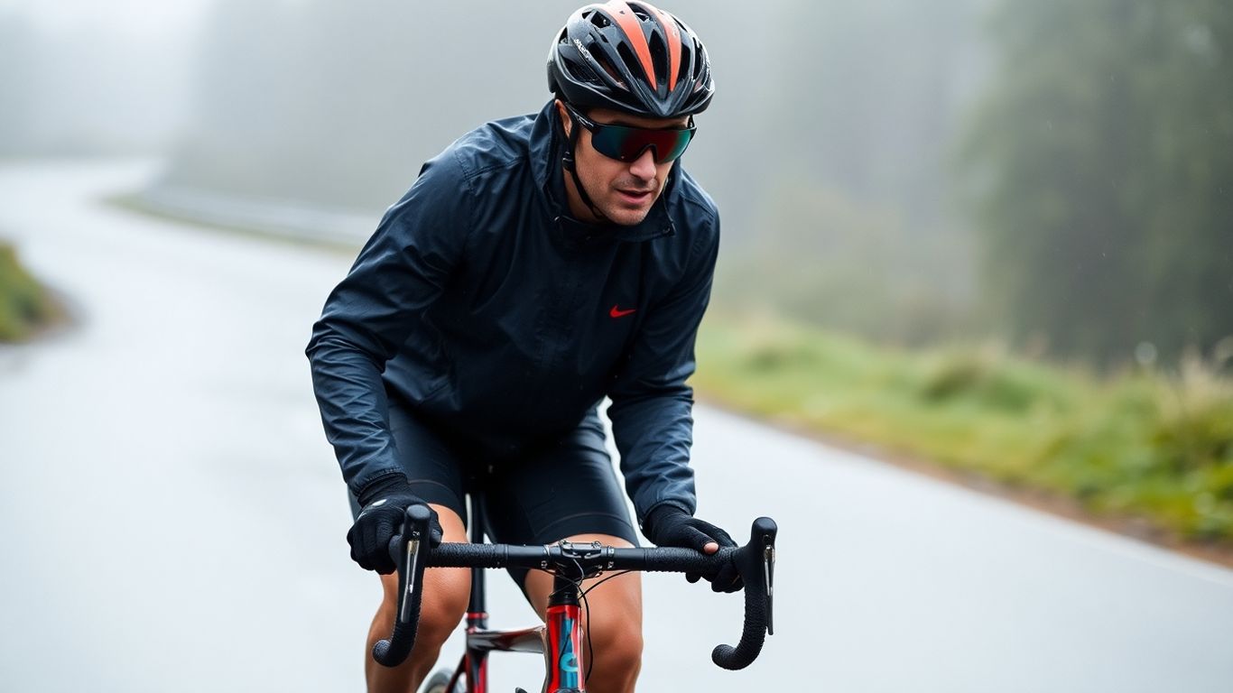 Cyclist in rain gear riding in wet conditions.