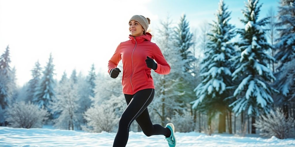 Person jogging in winter landscape with snow and trees.