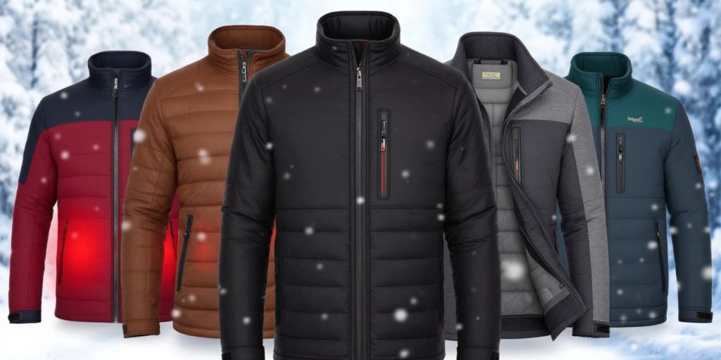 Men's heated jackets in winter setting with snowflakes.