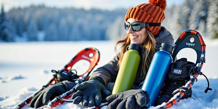 Winter outdoor accessories like gloves and beanie.
