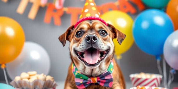 Happy dog in birthday outfit with party decorations.