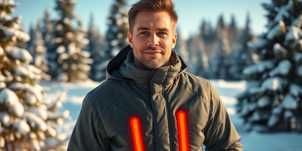 Men's heated jacket in wintery outdoor setting.