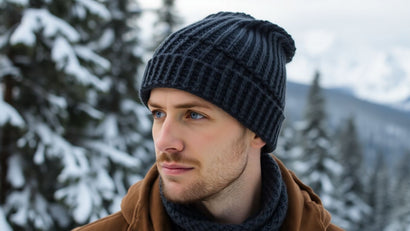 Man in stylish charcoal knit beanie outdoors in winter.