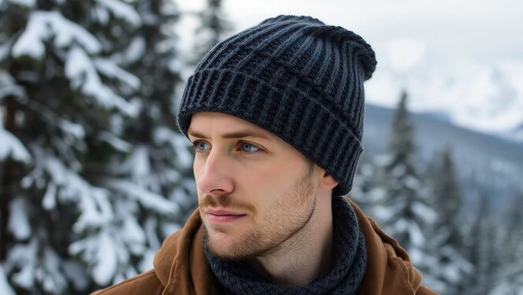 Man in stylish charcoal knit beanie outdoors in winter.