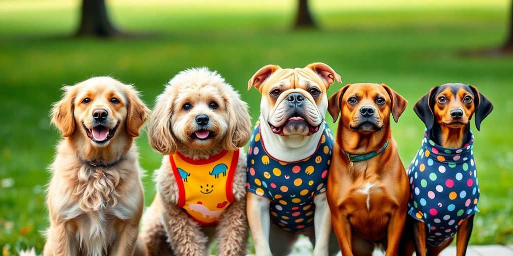 Four dogs in personalized, colorful outfits.