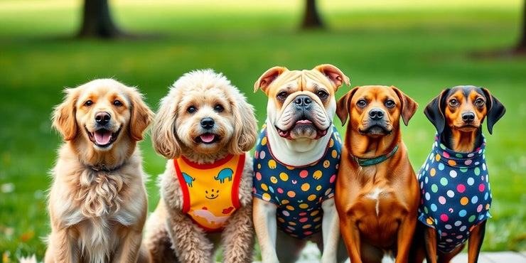 Four dogs in personalized, colorful outfits.