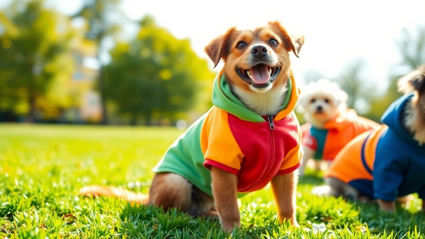 Dogs wearing colorful customized hoodies outdoors on grass