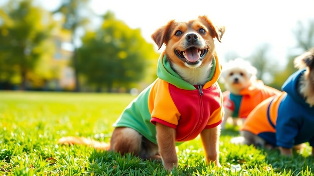 Dogs wearing colorful customized hoodies outdoors on grass