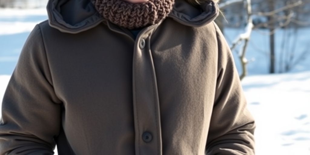Person in warm winter clothing. Snowy background.