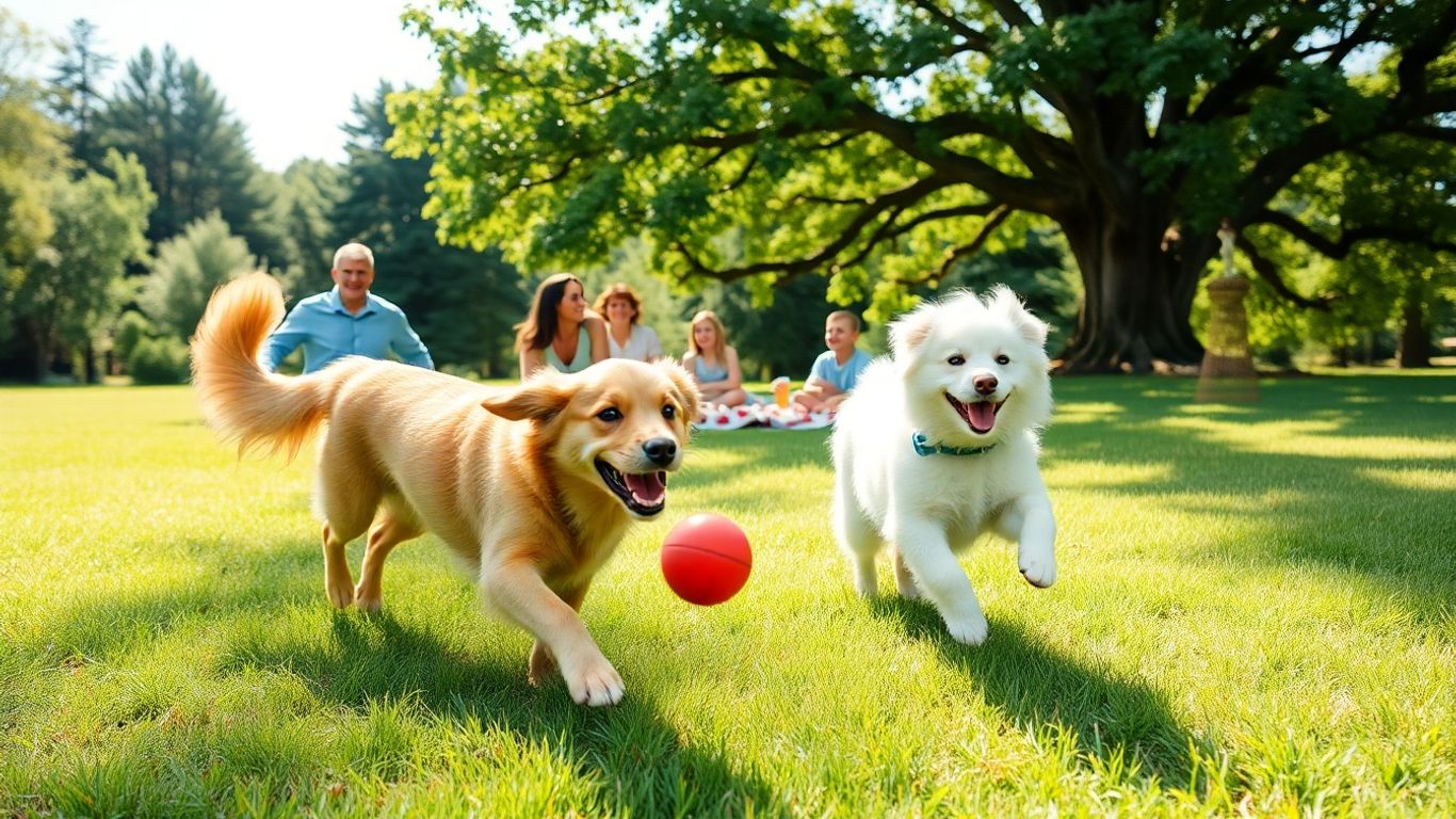Family and pets playing fetch in a sunny park.