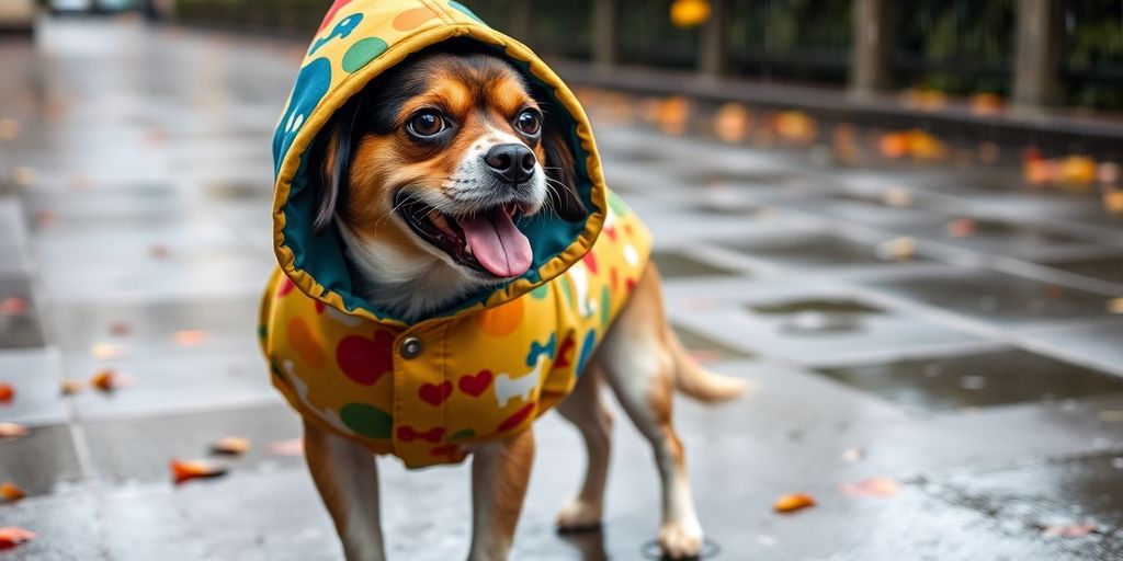 A dog in a vibrant hooded coat in the rain.
