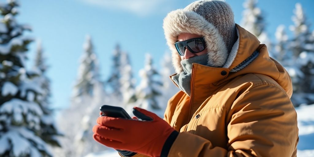 Person in winter gear working outside in snow.