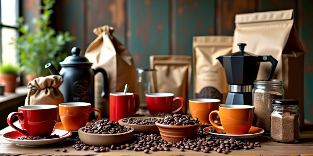 Colorful coffee gifts on a wooden table.