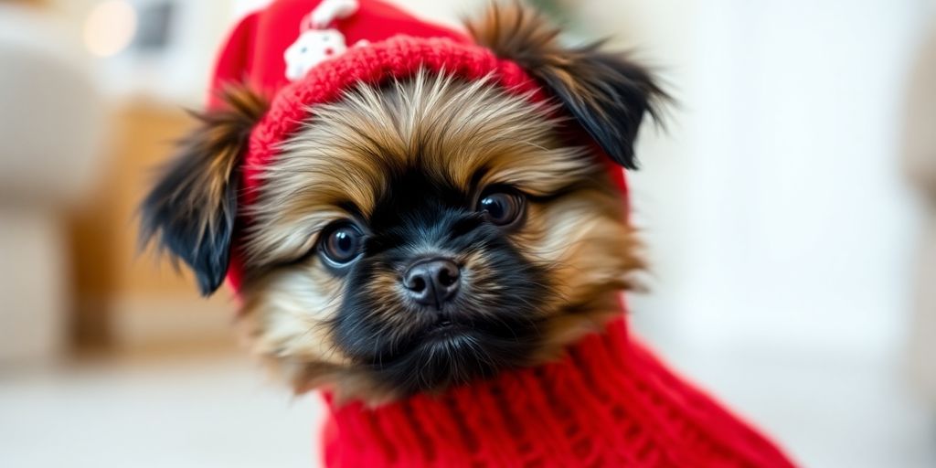Small dog wearing a cute sweater and hat.