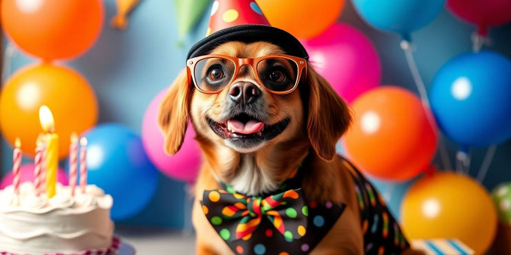 A dog in a birthday outfit with balloons.