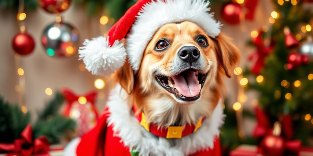 Dog in Christmas outfit with decorations and lights.