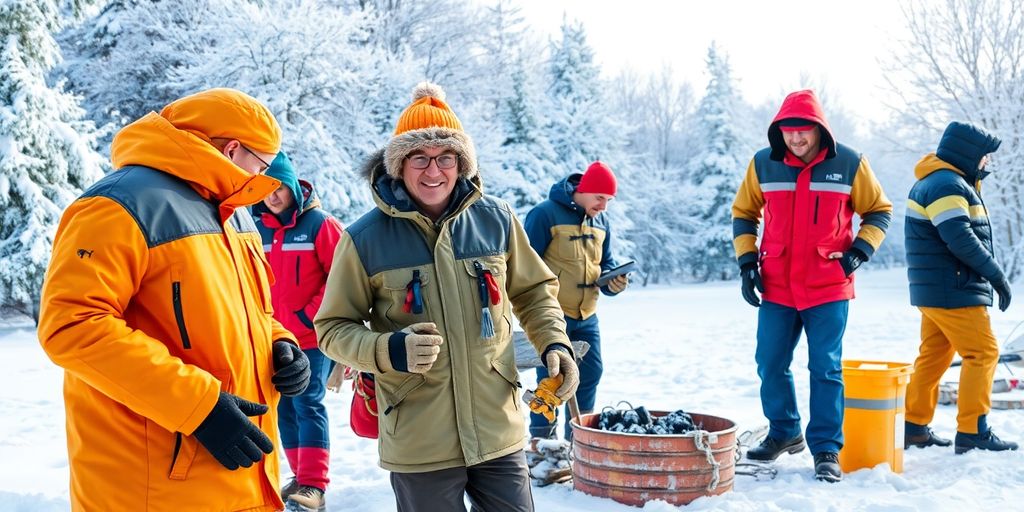 Workers in winter gear under a snowy landscape.