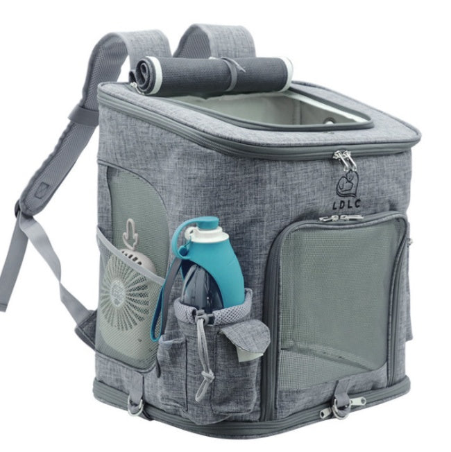 Gray backpack cooler with compartments and a water bottle on a white background