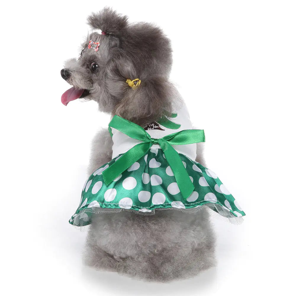 Small dog wearing a green and white polka dot dress with a large bow on a white background