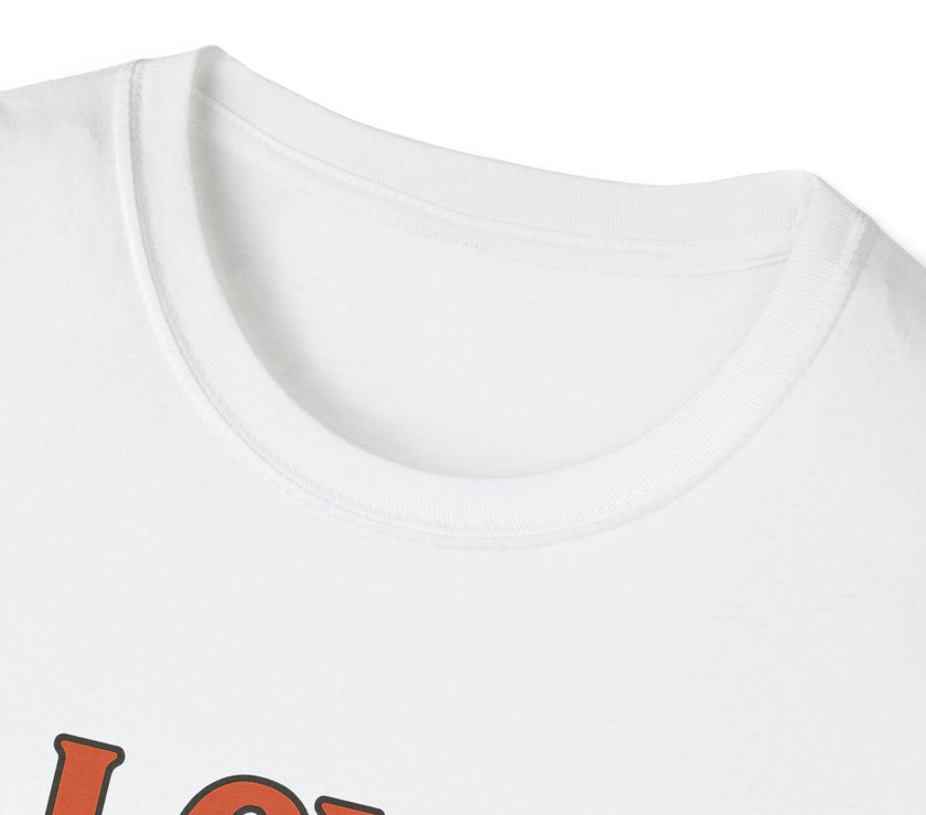 Close-up of a white shirt with red text on a white background