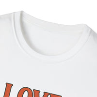 Close-up of a white shirt with red text on a white background