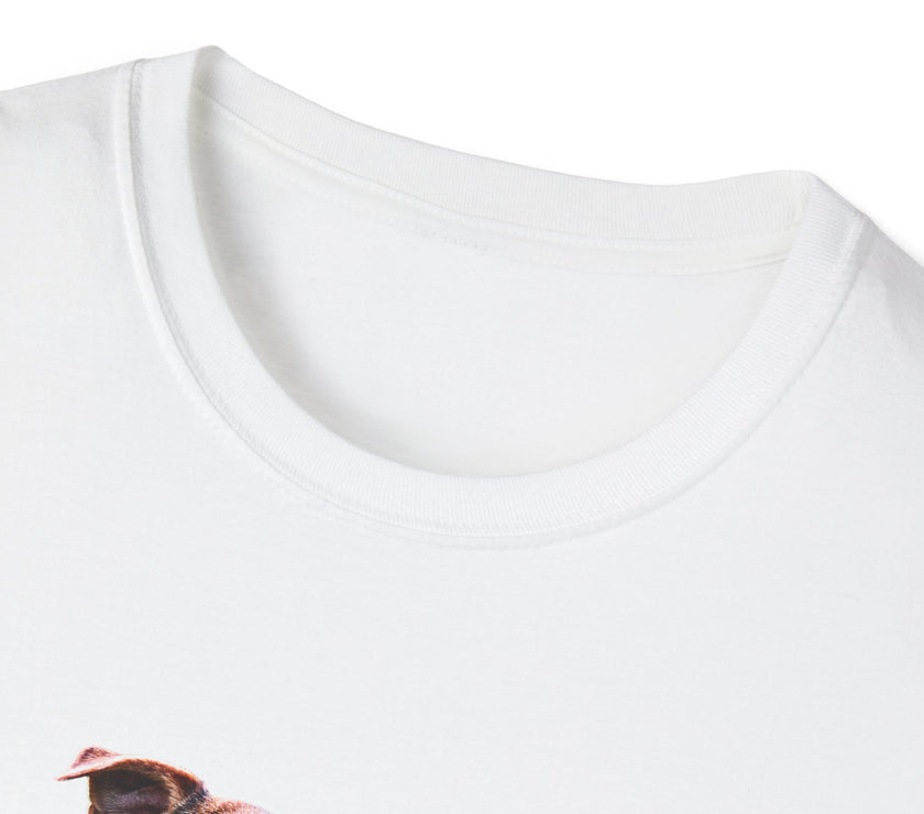 T-shirt featuring a cute  puppy wearing an American flag bow tie and holding a small U.S. flag, with the phrase 'Born to Be Free' printed below the image.  View of collar