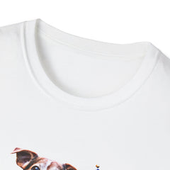 T-shirt featuring a cute  puppy wearing an American flag bow tie and holding a small U.S. flag, with the phrase 'Born to Be Free' printed below the image.  View of collar