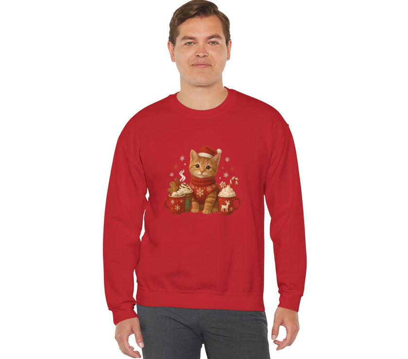 Person wearing a red sweatshirt with a cat graphic on a white background