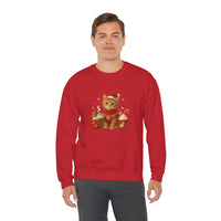 Person wearing a red sweatshirt with a cat graphic on a white background
